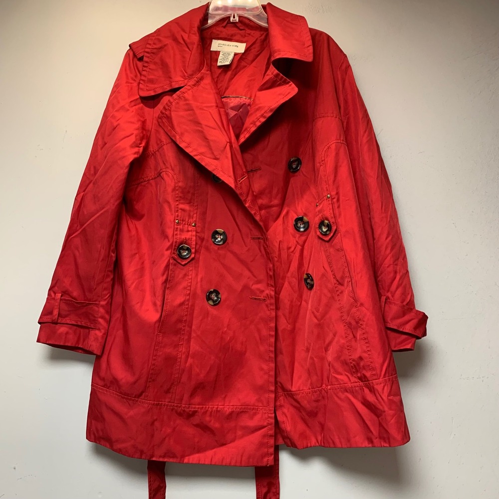 Jones New York Trench Coat Women XXL Red Excellent Double Breasted Belted Jacket